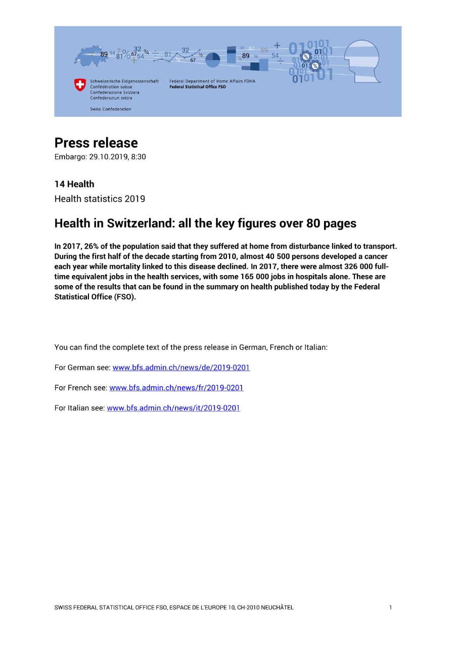Health in Switzerland: all the key figures over 80 pages