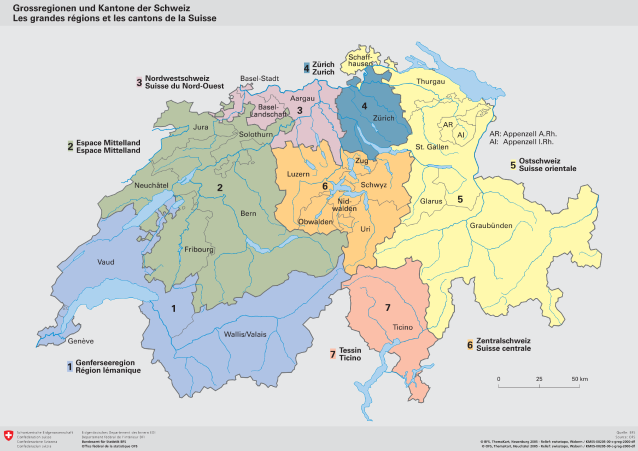 Les grandes régions et les cantons de la Suisse