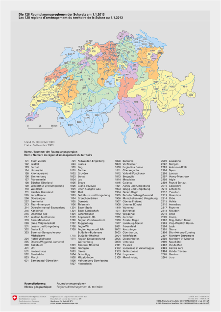Les 128 régions d’aménagement du territoire de la Suisse au 1.1.2013
