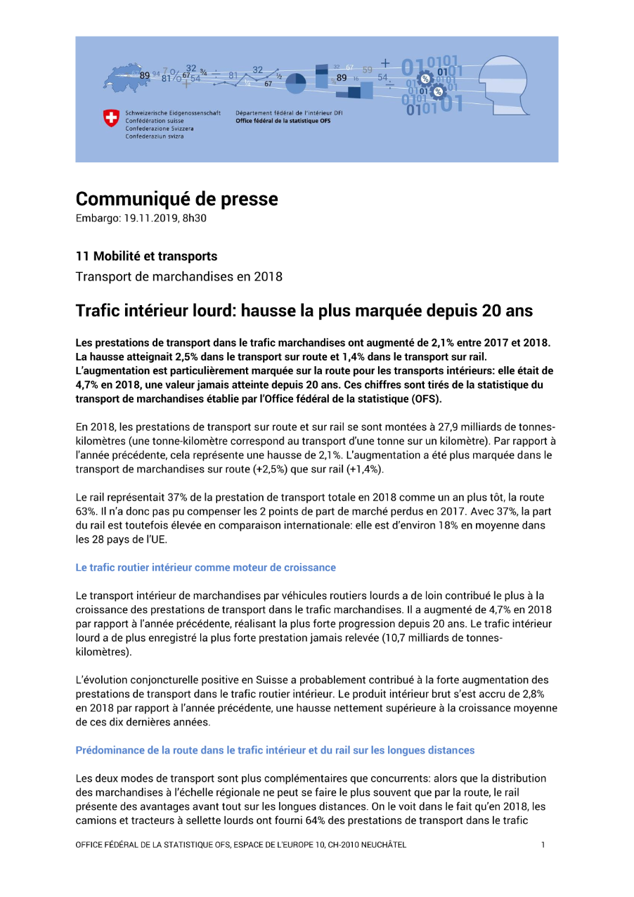 Trafic intérieur lourd: hausse la plus marquée depuis 20 ans