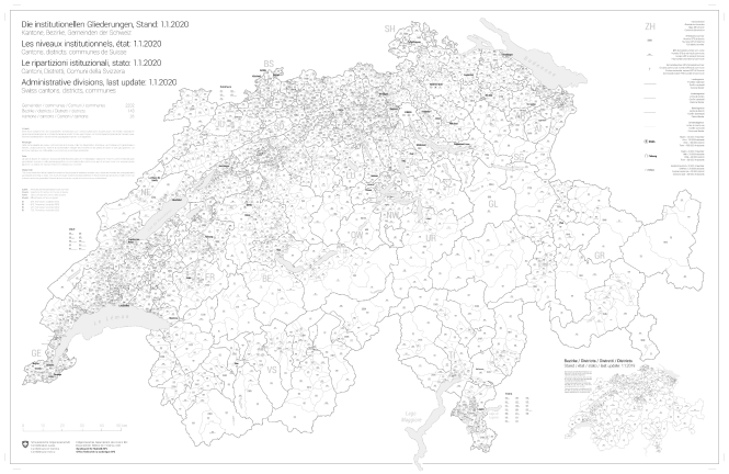 Übersichtskarte der institutionellen Gliederungen der Schweiz, Stand: 1.1.2020