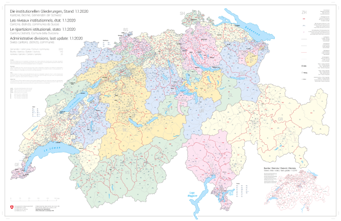 Übersichtskarte der institutionellen Gliederungen der Schweiz, Stand: 1.1.2020