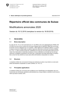 Répertoire officiel des communes de Suisse - Modifications annoncées 2020 - Version du 18.12.2019 (remplace la version du 18.09.2019)