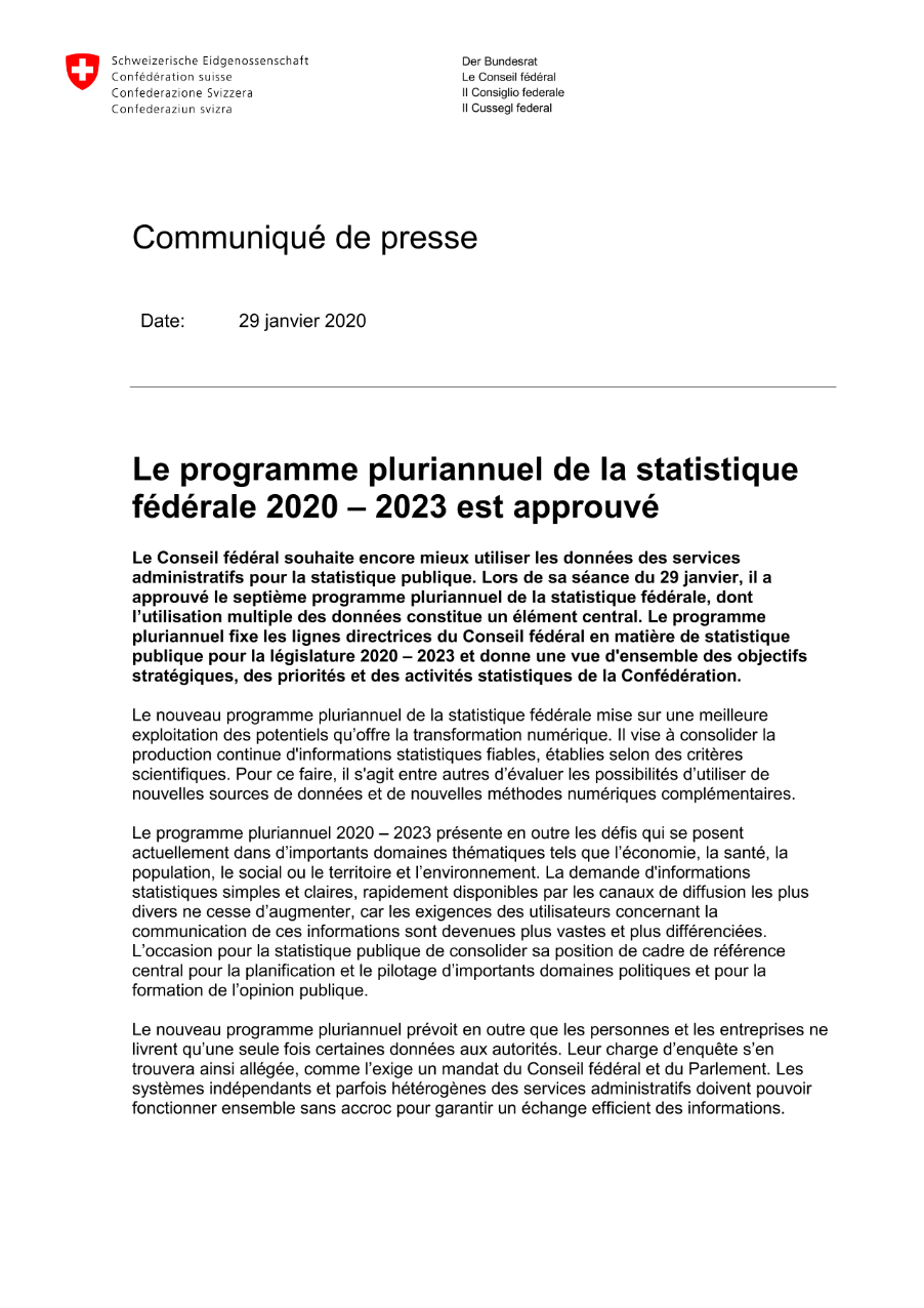 Le programme pluriannuel de la statistique fédérale 2020 - 2023 est approuvé