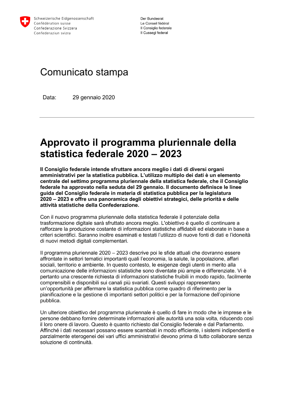 Approvato il programma pluriennale della statistica federale 2020 - 2023