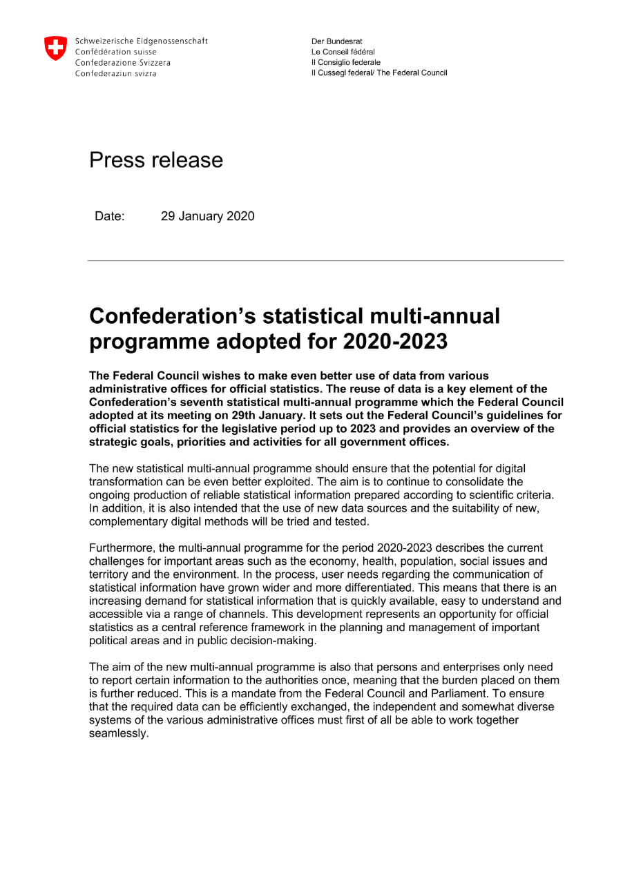 Confederation's statistical multi-annual programme adopted for 2020-2023