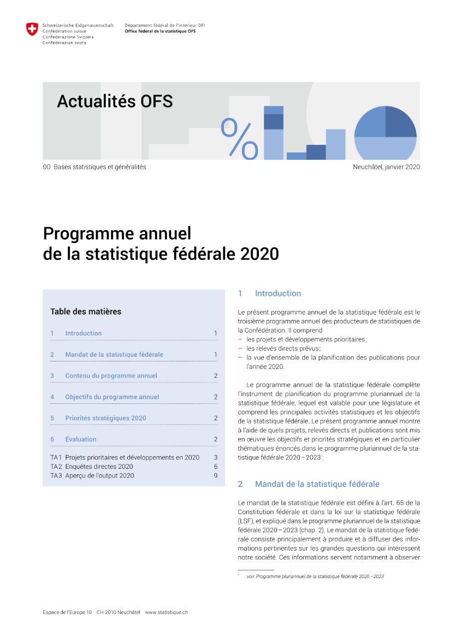 Programme annuel de la statistique fédérale 2020