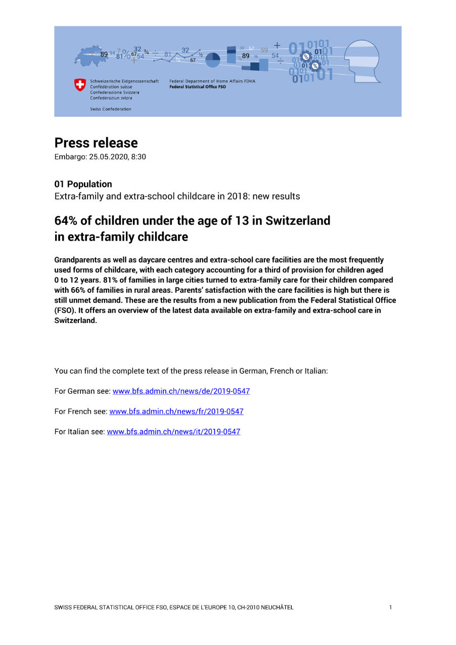 64% of children under the age of 13 in Switzerland in extra-family childcare