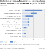Studients in professional education and training colleges by most popular training sectors and by gender