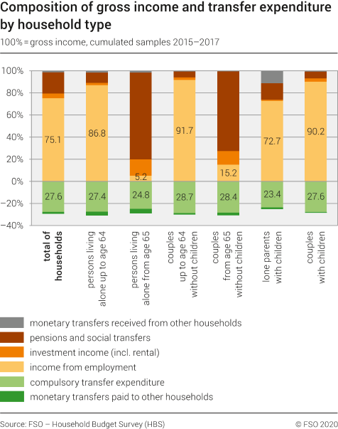 Composition of gross income and transfer expenditure by household type