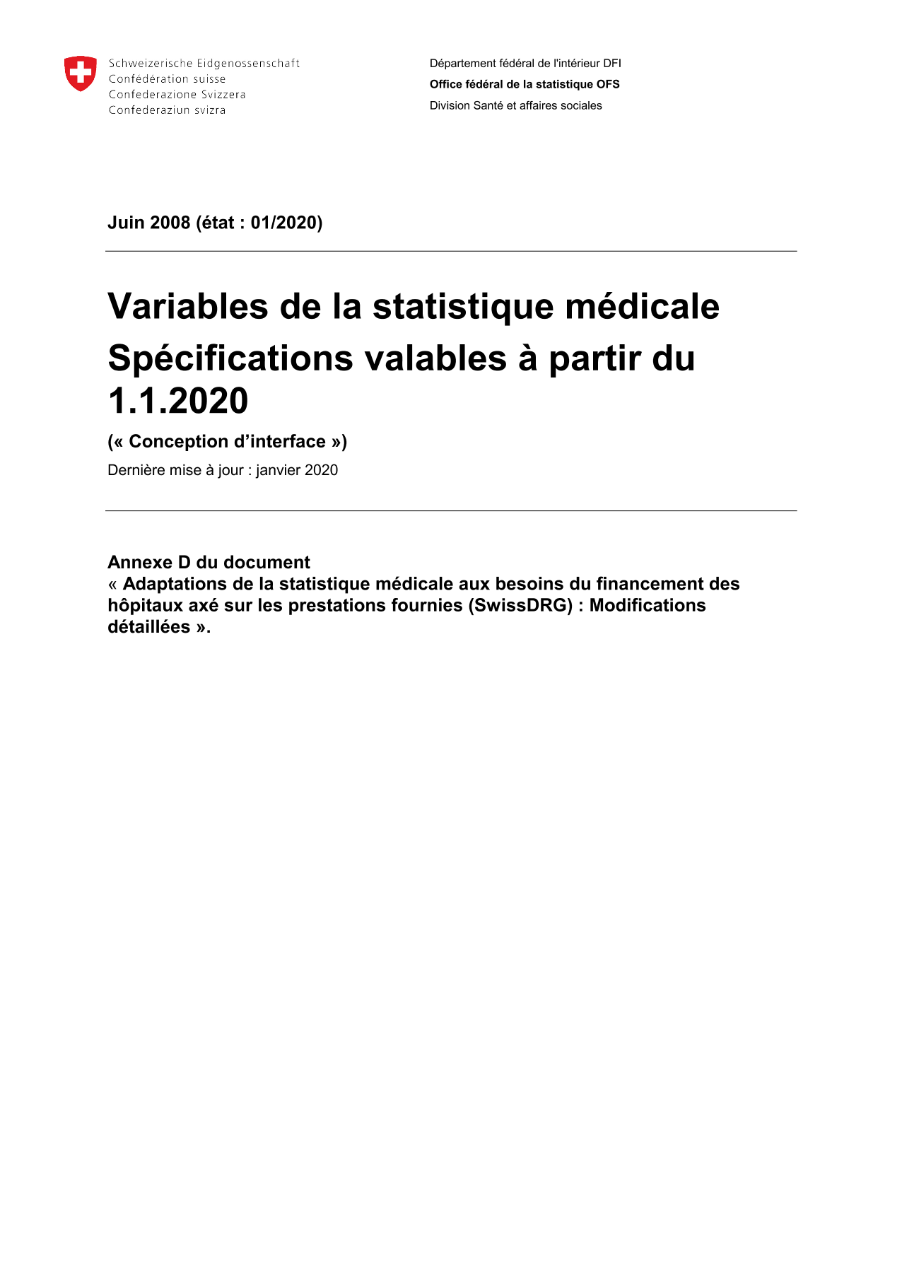 Statistique médicale des hôpitaux - Variables de la statistique médicale. Spécifications valables dès 1.1.2020