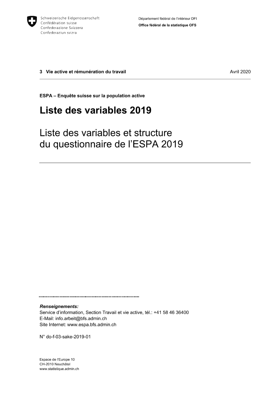 ESPA - Enquête suisse sur la population active: Liste des variables et structure du questionnaire de l'ESPA 2019