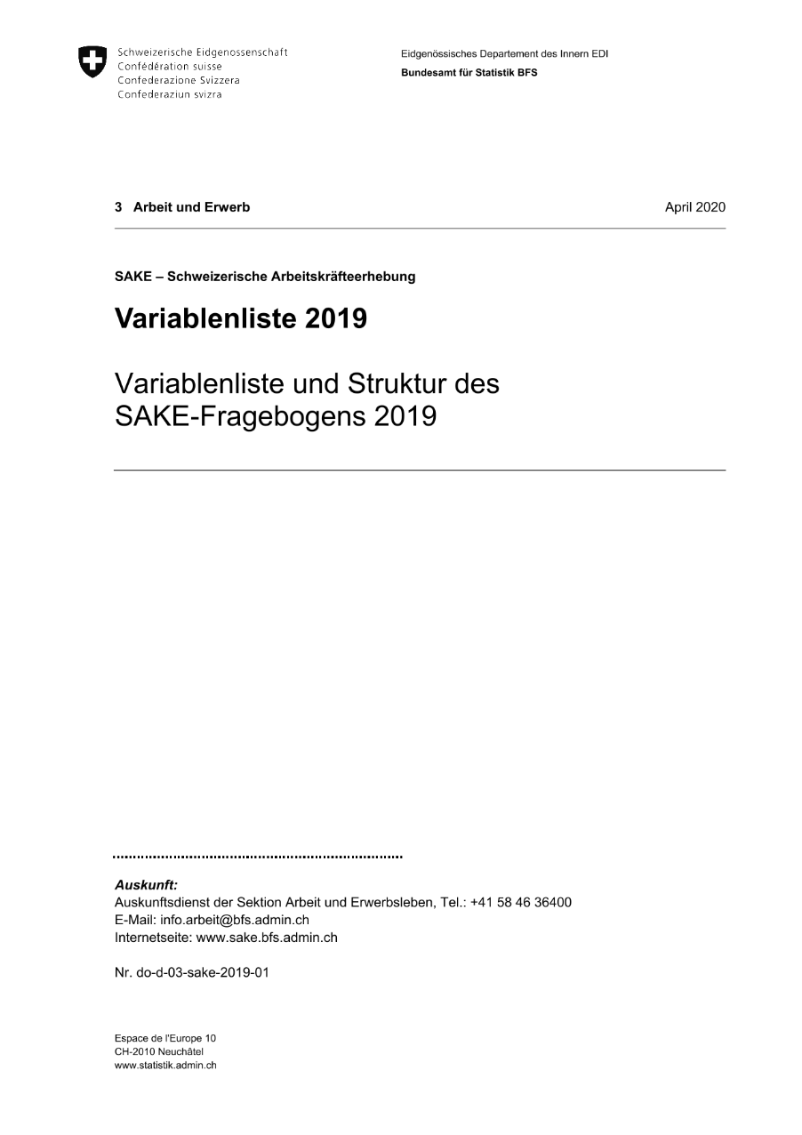 SAKE - Schweizerische Arbeitskräfteerhebung: Variablenliste und Struktur des SAKE-Fragebogens 2019