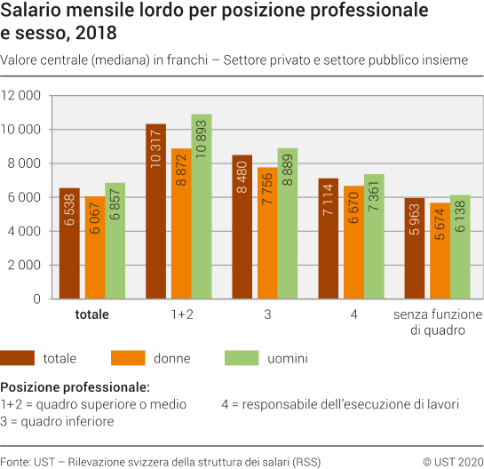 Salario mensile lordo per posizione professionale e sesso, 2018