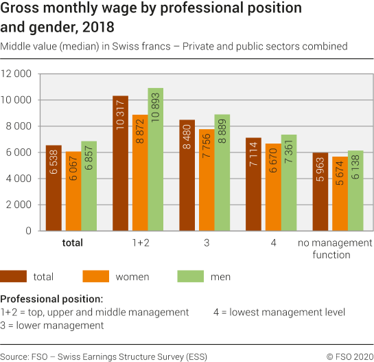 Gross monthly wage by professional position and gender, 2018