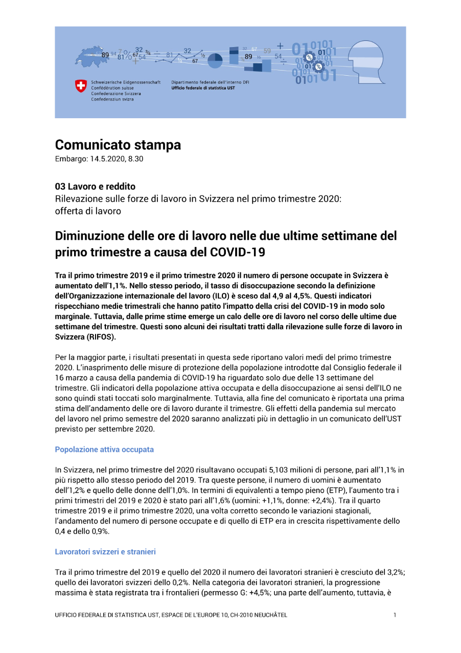 Diminuzione delle ore di lavoro nelle due ultime settimane del primo trimestre a causa del COVID-19