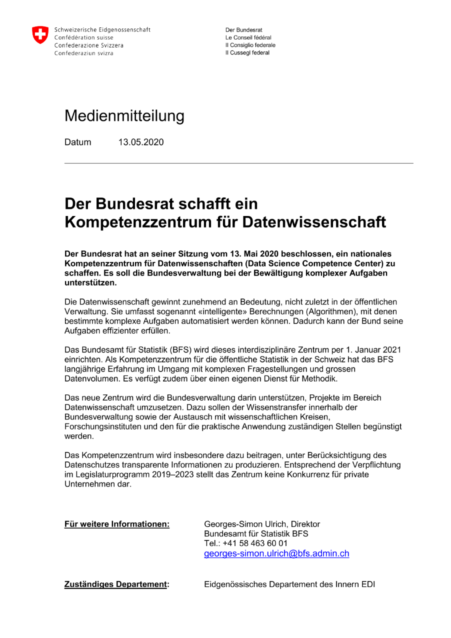 Der Bundesrat schafft ein Kompetenzzentrum für Datenwissenschaft