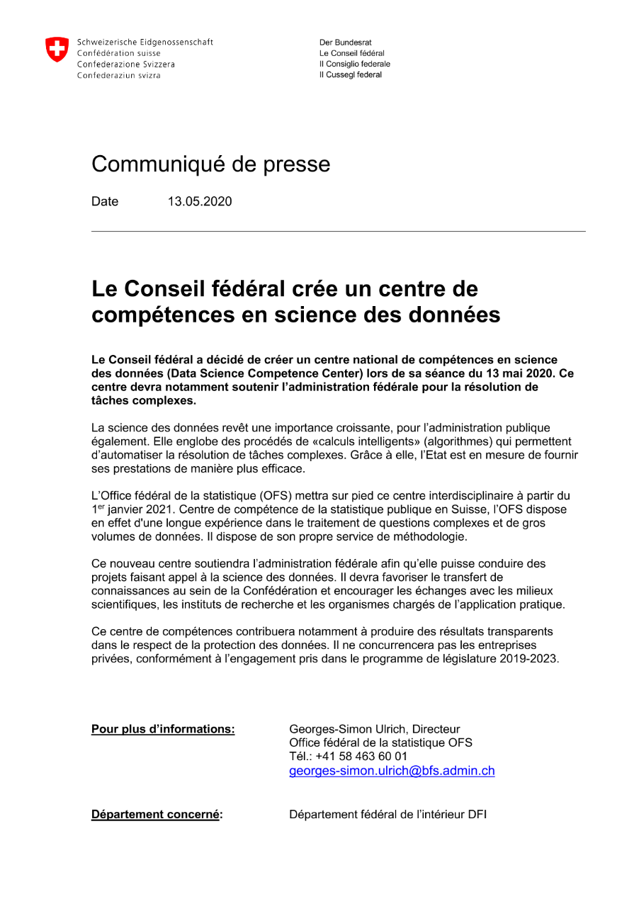 Le Conseil fédéral crée un centre de compétences en science des données