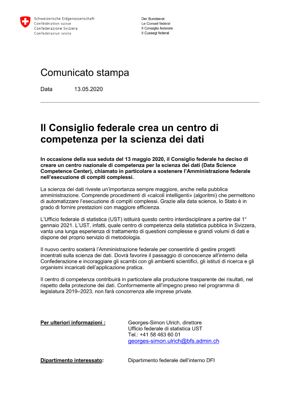 Il Consiglio federale crea un centro di competenza per la scienza dei dati