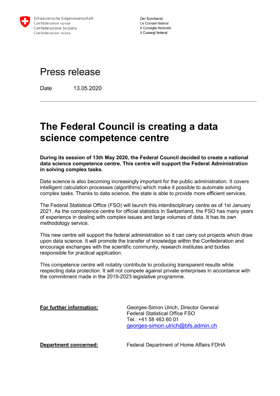 The Federal Council is creating a data science competence centre
