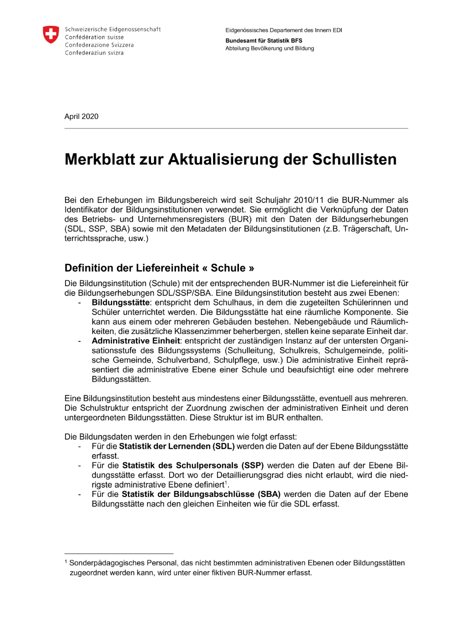 Merkblatt zur Aktualisierung der Schullisten im Rahmen der MEB-Erhebungen