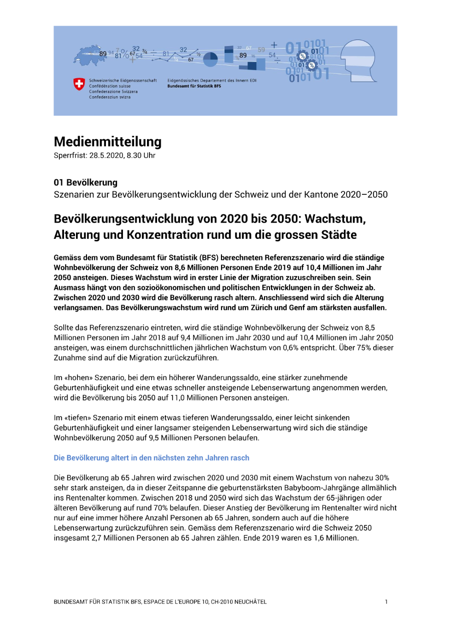 Bevölkerungsentwicklung von 2020 bis 2050: Wachstum, Alterung und Konzentration rund um die grossen Städte