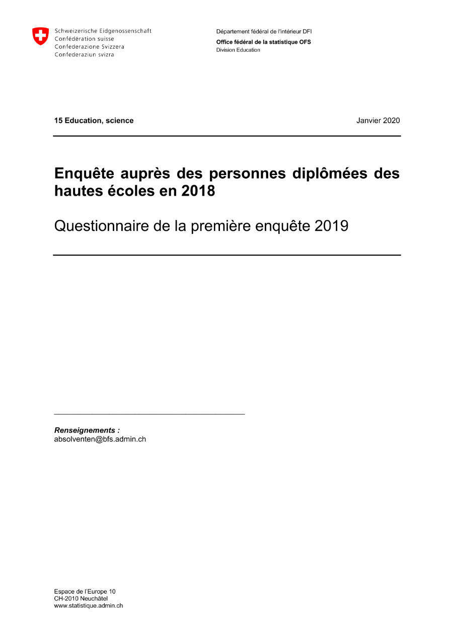 Enquête auprès des personnes diplômées des hautes écoles - Questionnaire de la première enquête 2019