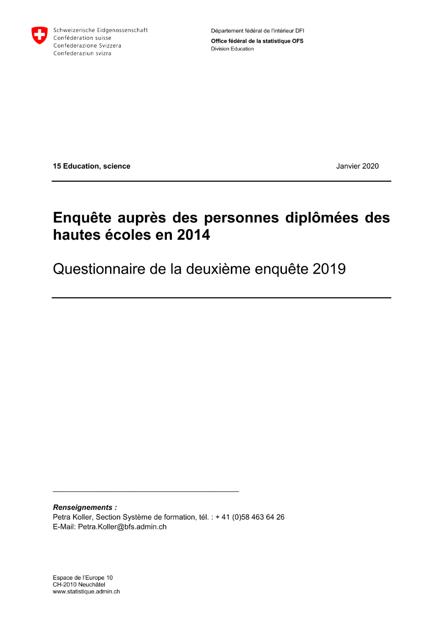 Enquête auprès des personnes diplômées des hautes écoles - Questionnaire de la deuxième enquête 2019