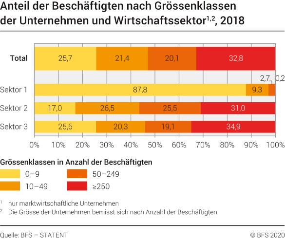 Anteil der Beschäftigten nach Grössenklassen der Unternehmen und Wirtschaftssektor