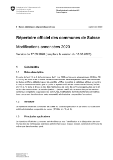 Répertoire officiel des communes de Suisse - Modifications annoncées 2020 - Version du 17.09.2020 (remplace la version du 18.06.2020)