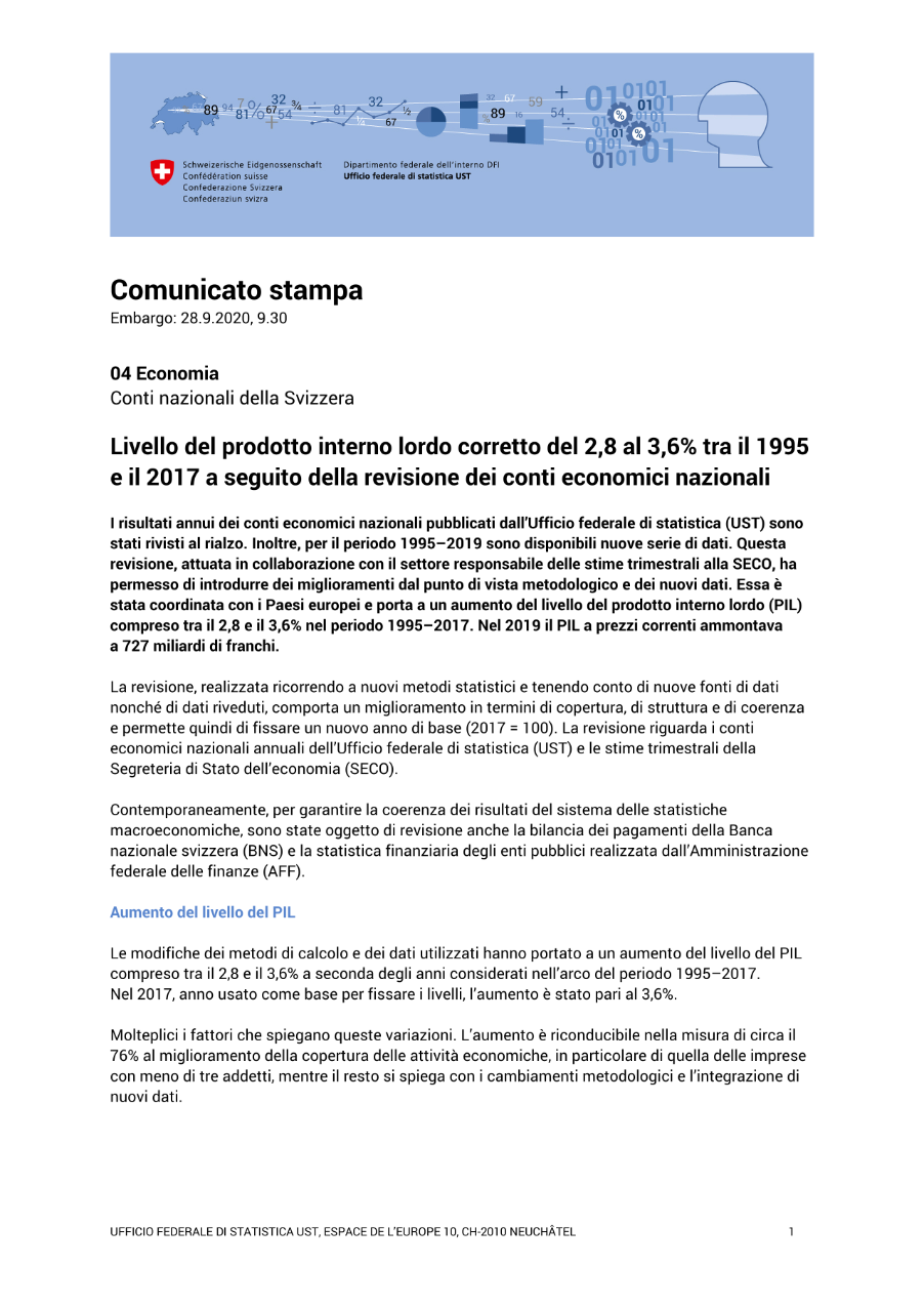 Livello del prodotto interno lordo corretto del 2,8 al 3,6% tra il 1995 e il 2017 a seguito della revisione dei conti economici nazionali