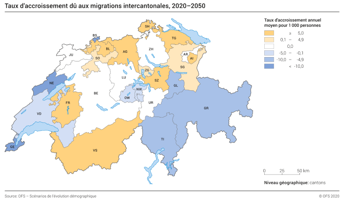 Taux d'accroissement dû aux migrations intercantonales
