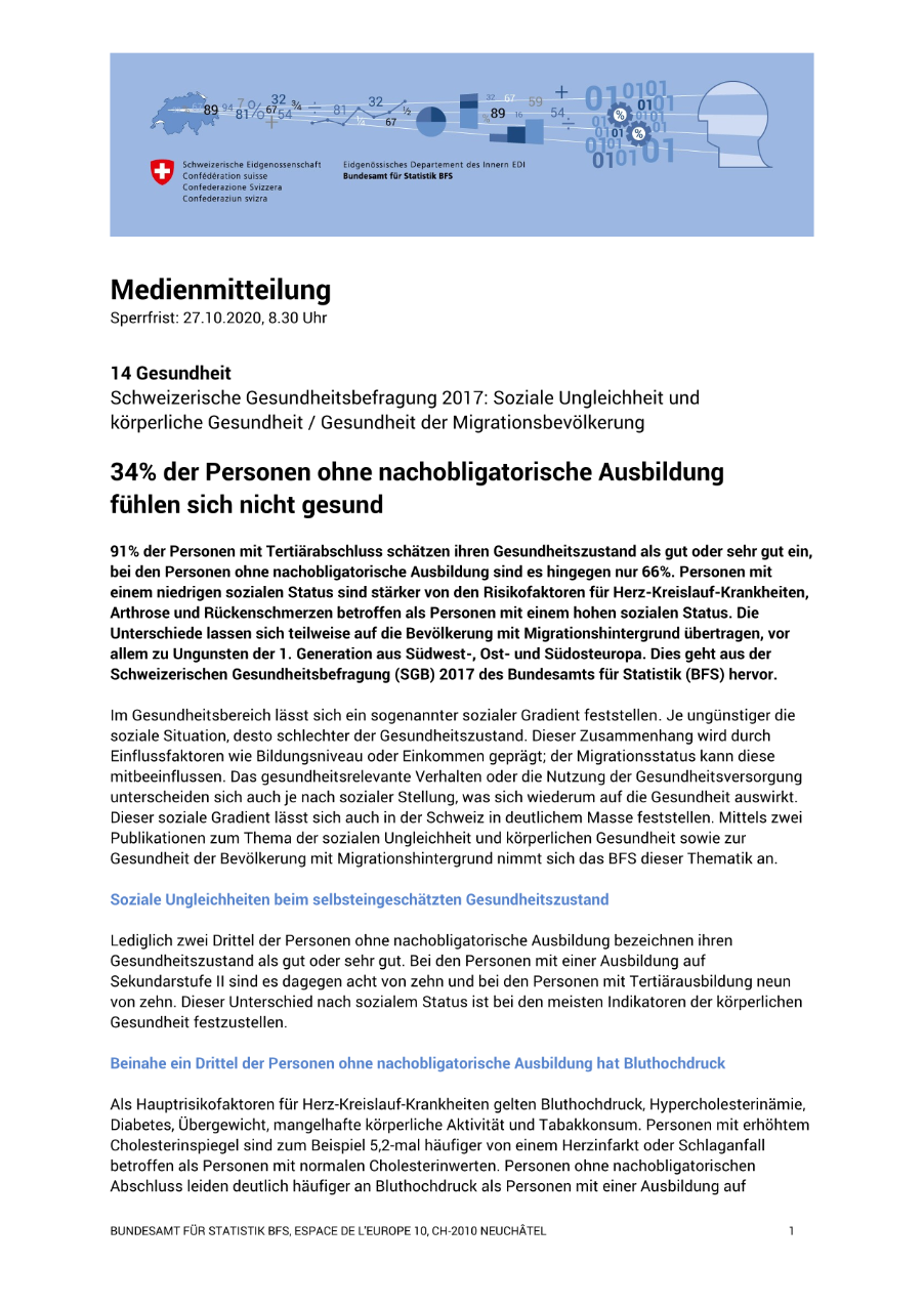34% der Personen ohne nachobligatorische Ausbildung fühlen sich nicht gesund