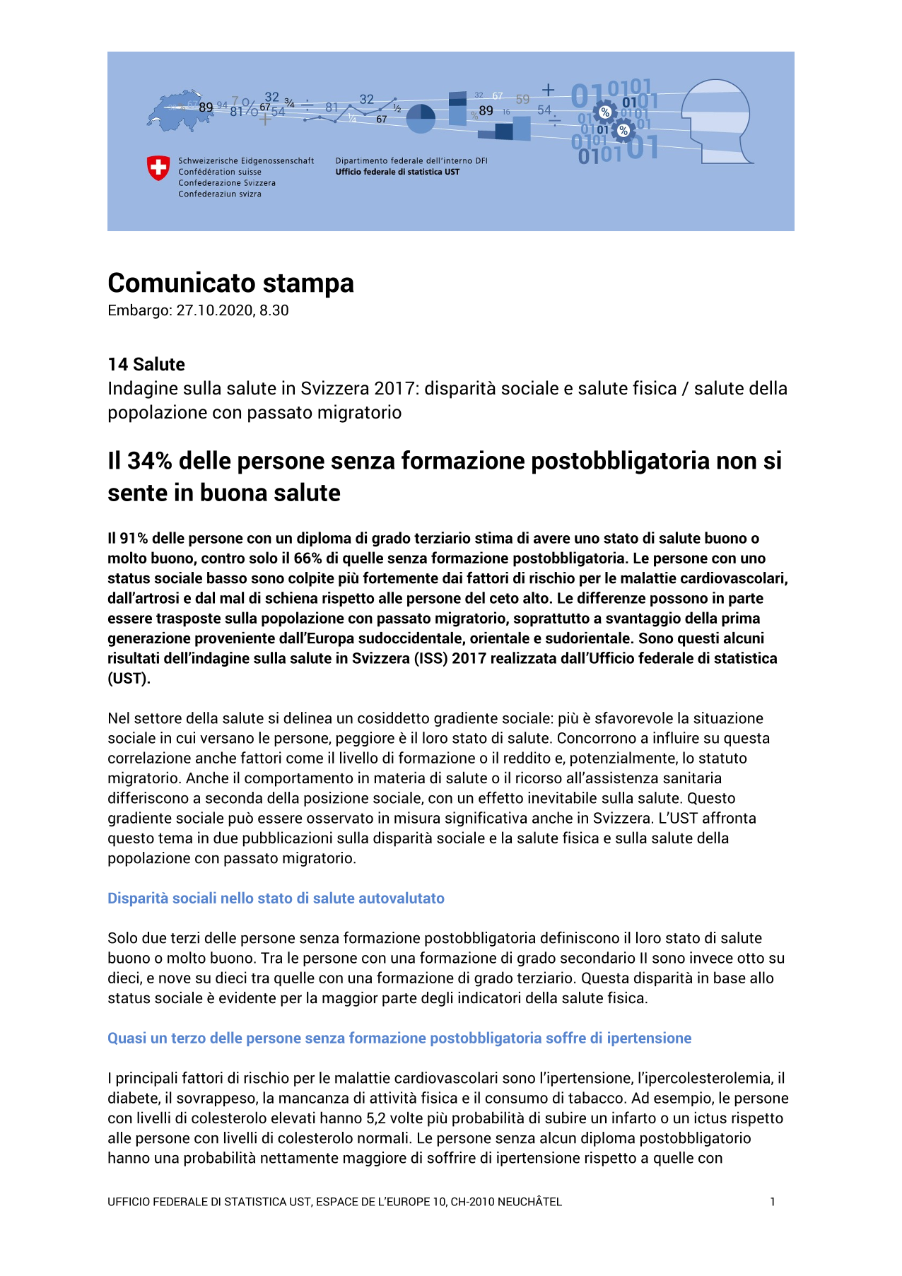 Il 34% delle persone senza formazione postobbligatoria non si sente in buona salute