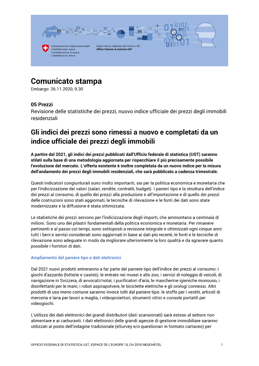 Gli indici dei prezzi sono rimessi a nuovo e completati da un indice ufficiale dei prezzi degli immobili