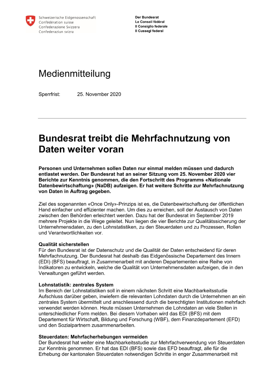 Bundesrat treibt die Mehrfachnutzung von Daten weiter voran