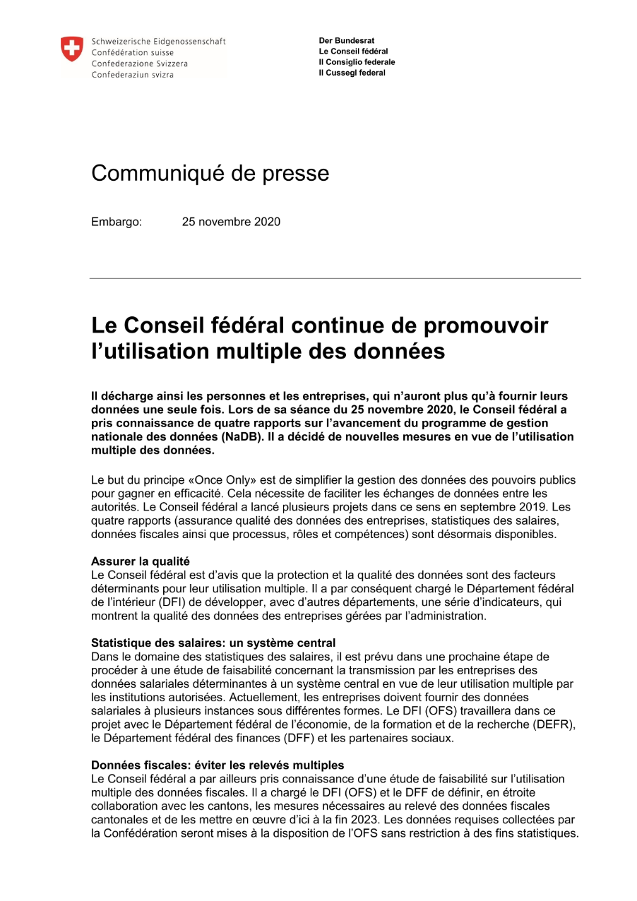 Le Conseil fédéral continue de promouvoir l'utilisation multiple des données
