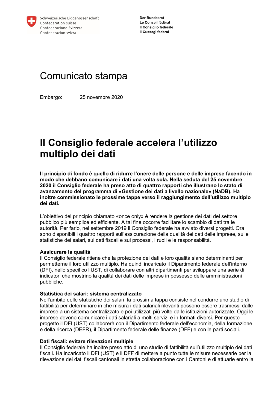 Il Consiglio federale accelera l'utilizzo multiplo dei dati