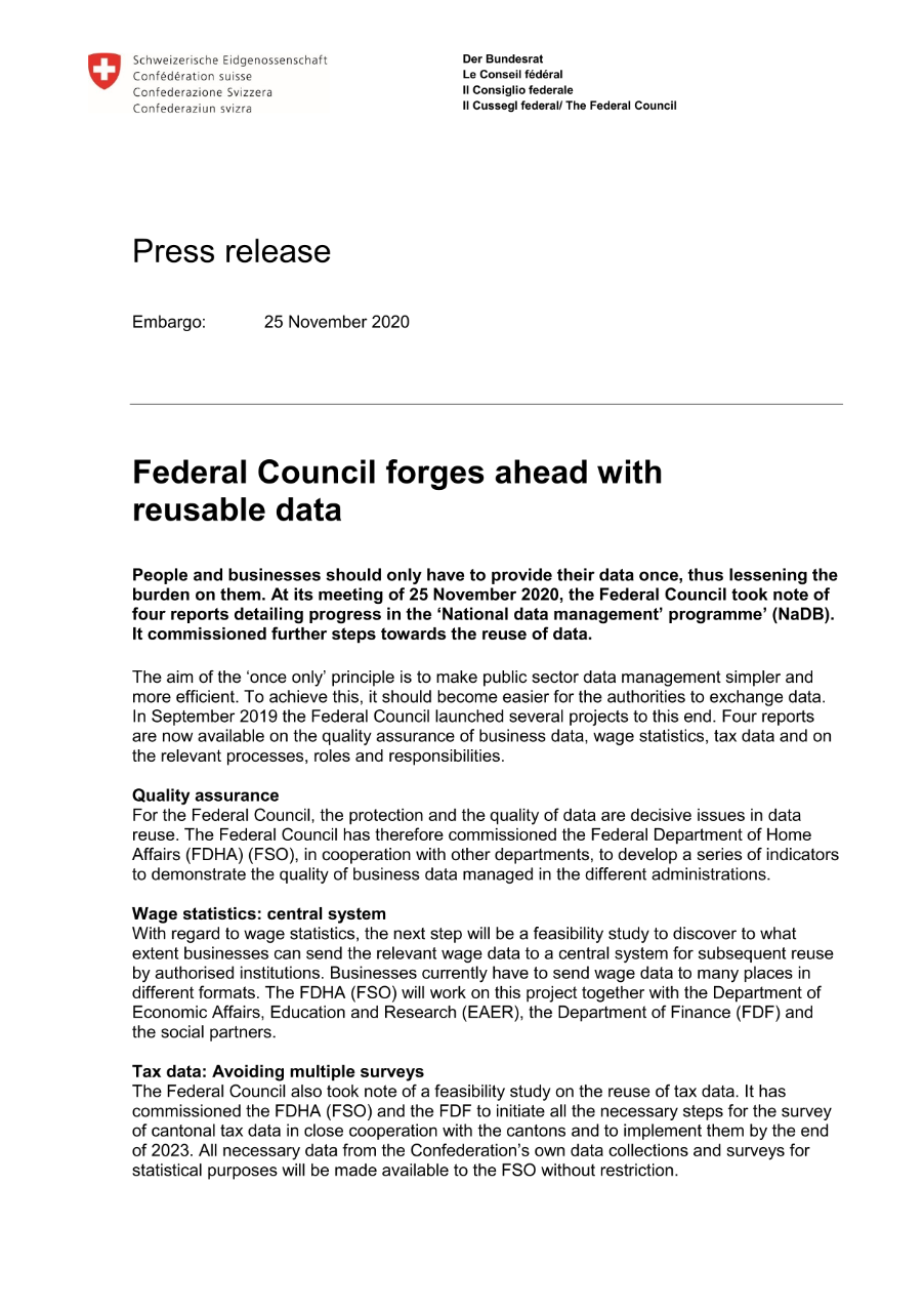 Federal Council forges ahead with reusable data