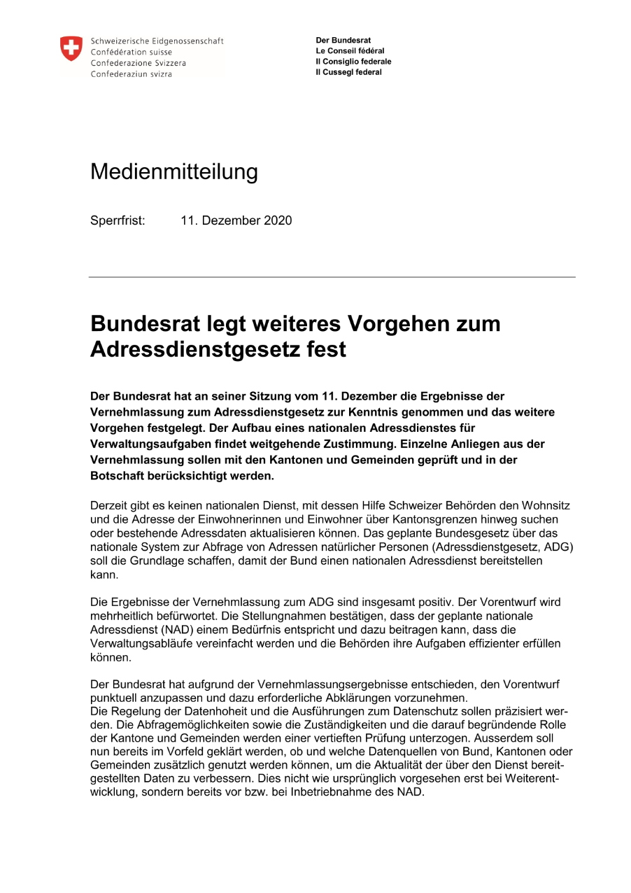 Bundesrat legt weiteres Vorgehen zum Adressdienstgesetz fest