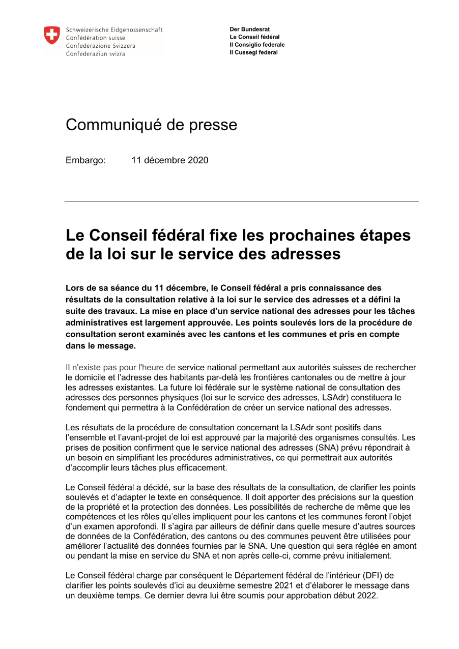 Le Conseil fédéral fixe les prochaines étapes de la loi sur le service des adresses