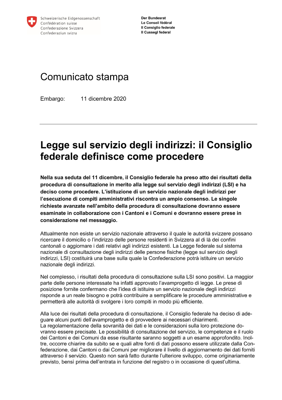 Legge sul servizio degli indirizzi: il Consiglio federale definisce come procedere