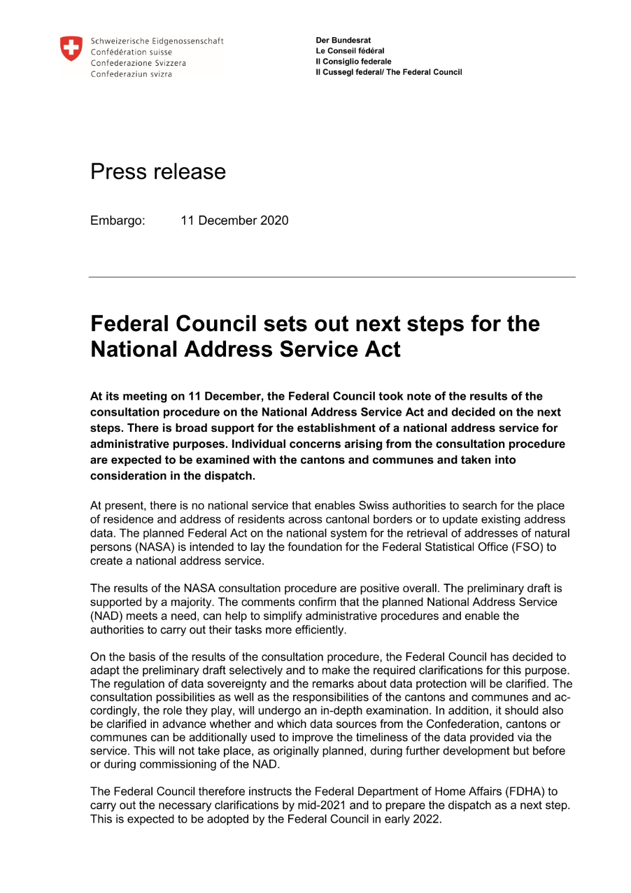 Federal Council sets out next steps for the National Address Service Act
