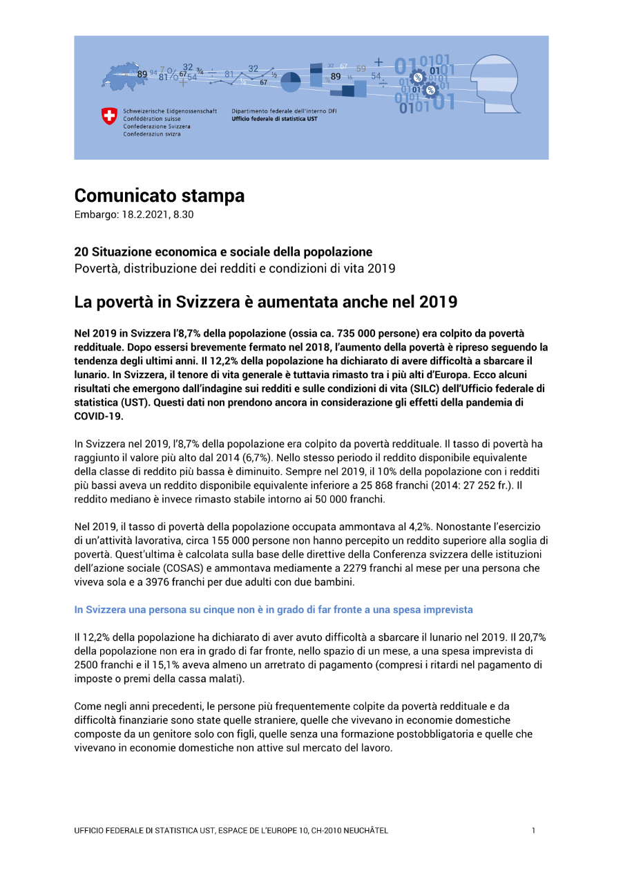 La povertà in Svizzera è aumentata anche nel 2019