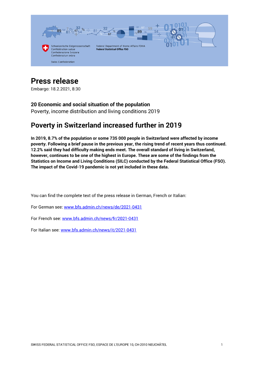 Poverty in Switzerland increased further in 2019