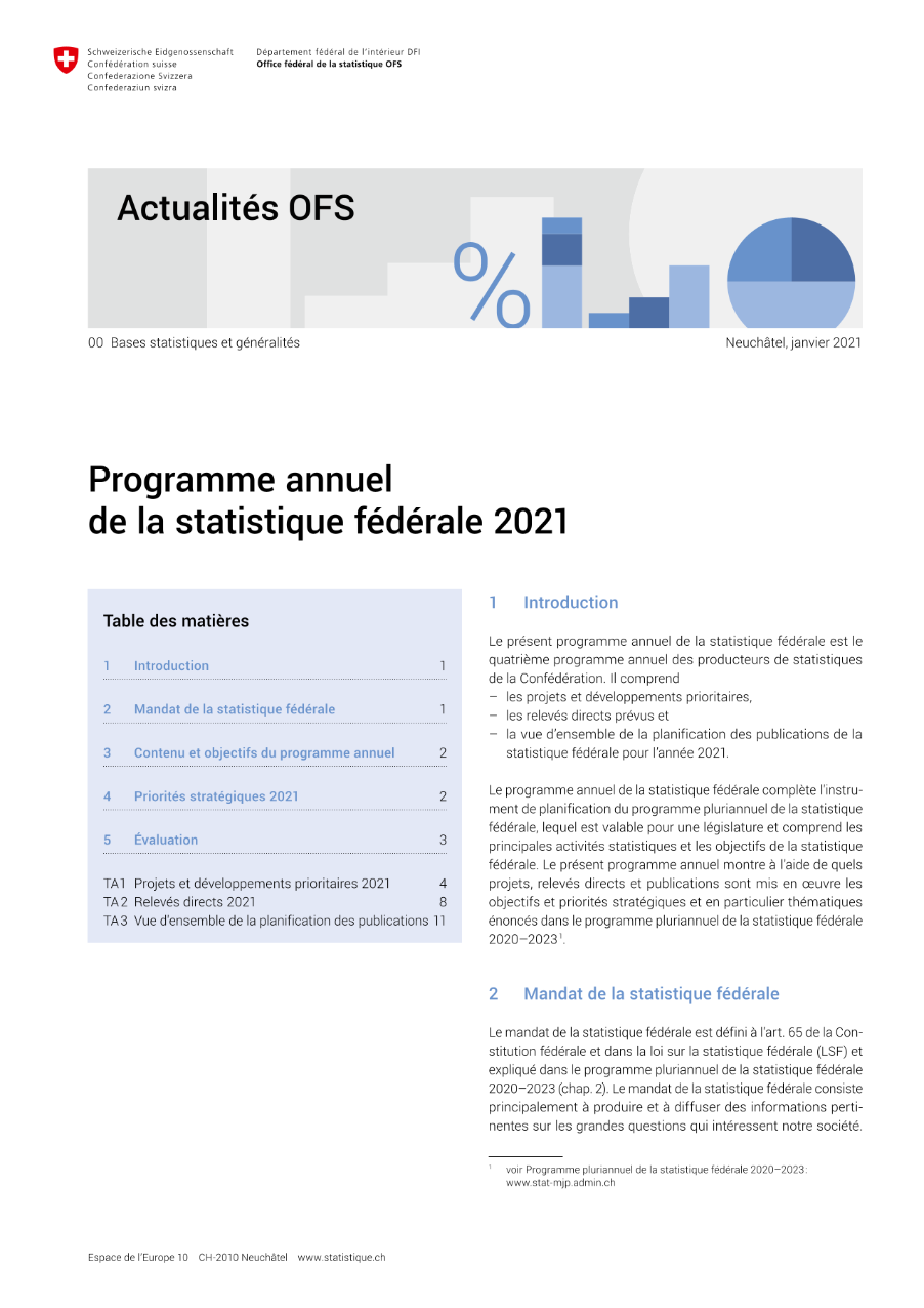 Programme annuel de la statistique fédérale 2021