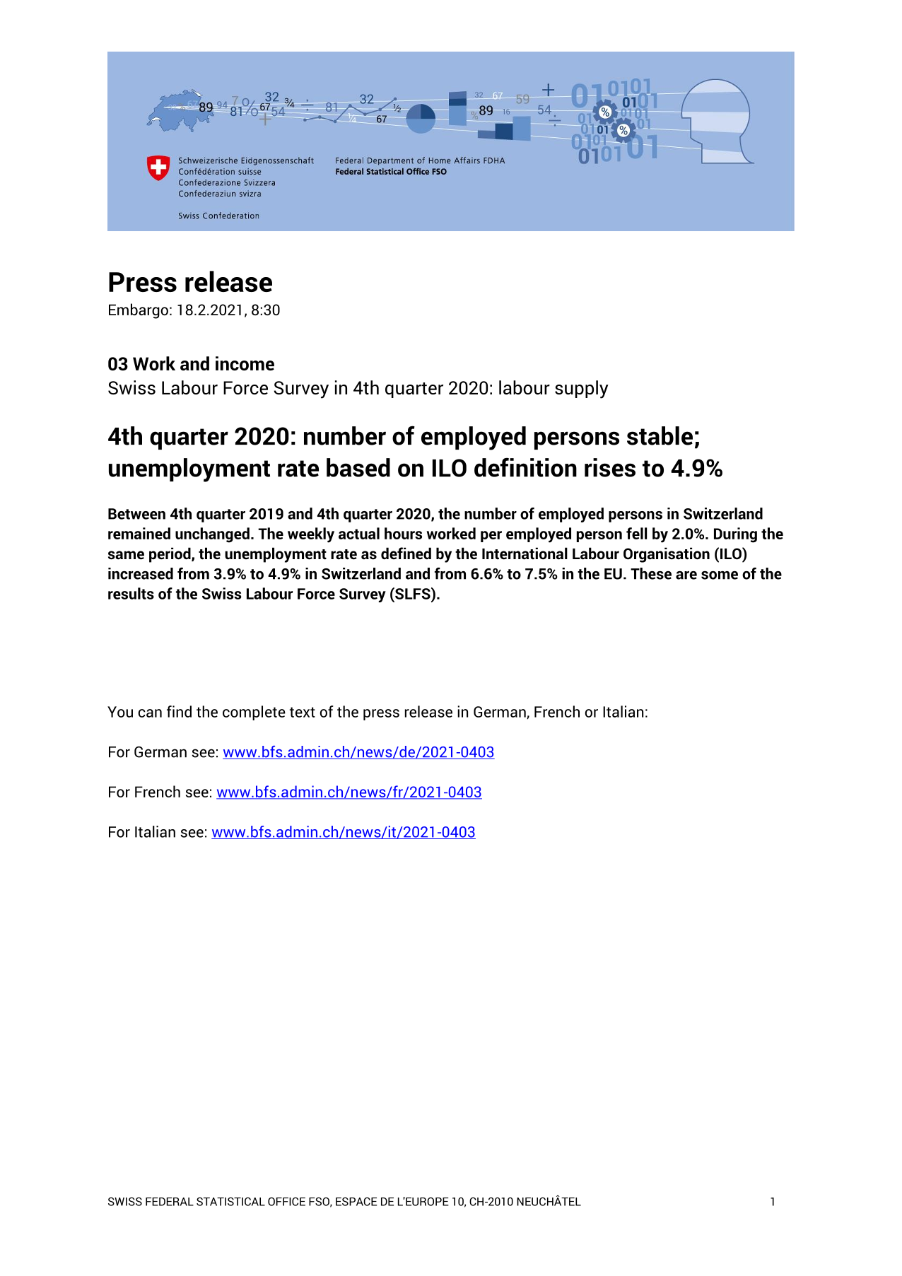 4th quarter 2020: number of employed persons stable; unemployment rate based on ILO definition rises to 4.9%