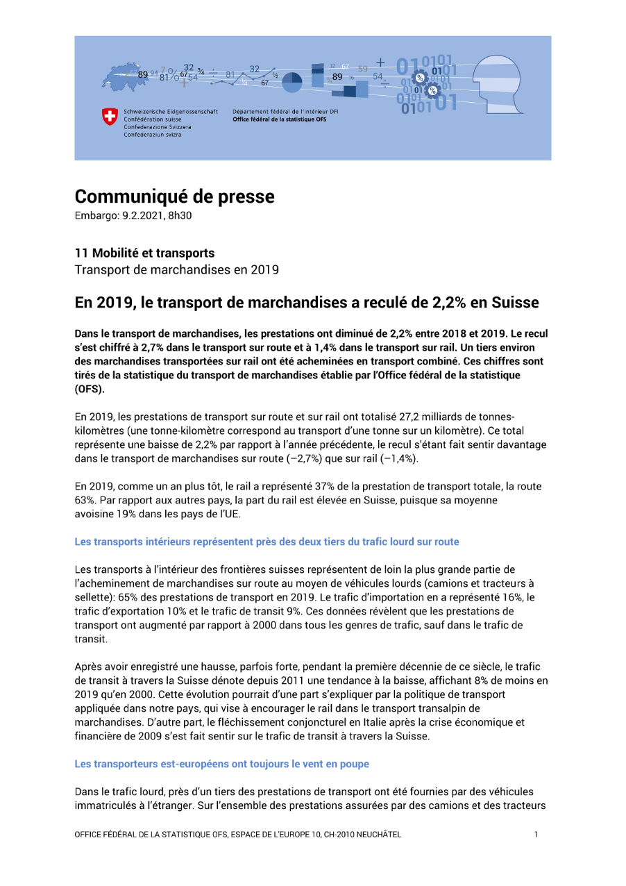 En 2019, le transport de marchandises a reculé de 2,2% en Suisse