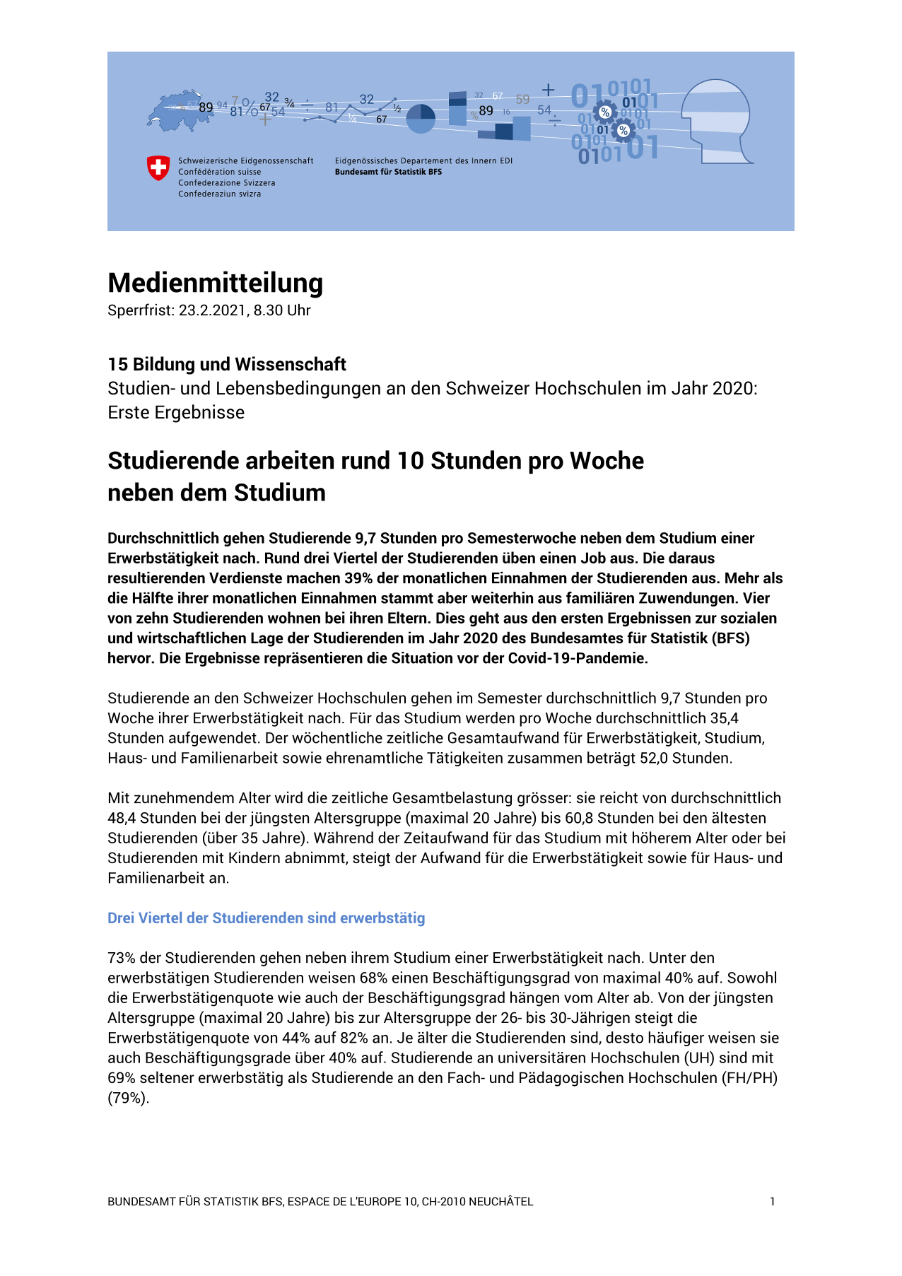 Studierende arbeiten rund 10 Stunden pro Woche neben dem Studium