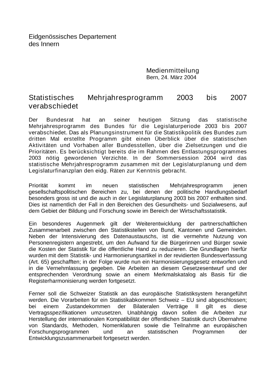 Statistisches Mehrjahresprogramm 2003 bis 2007 verabschiedet